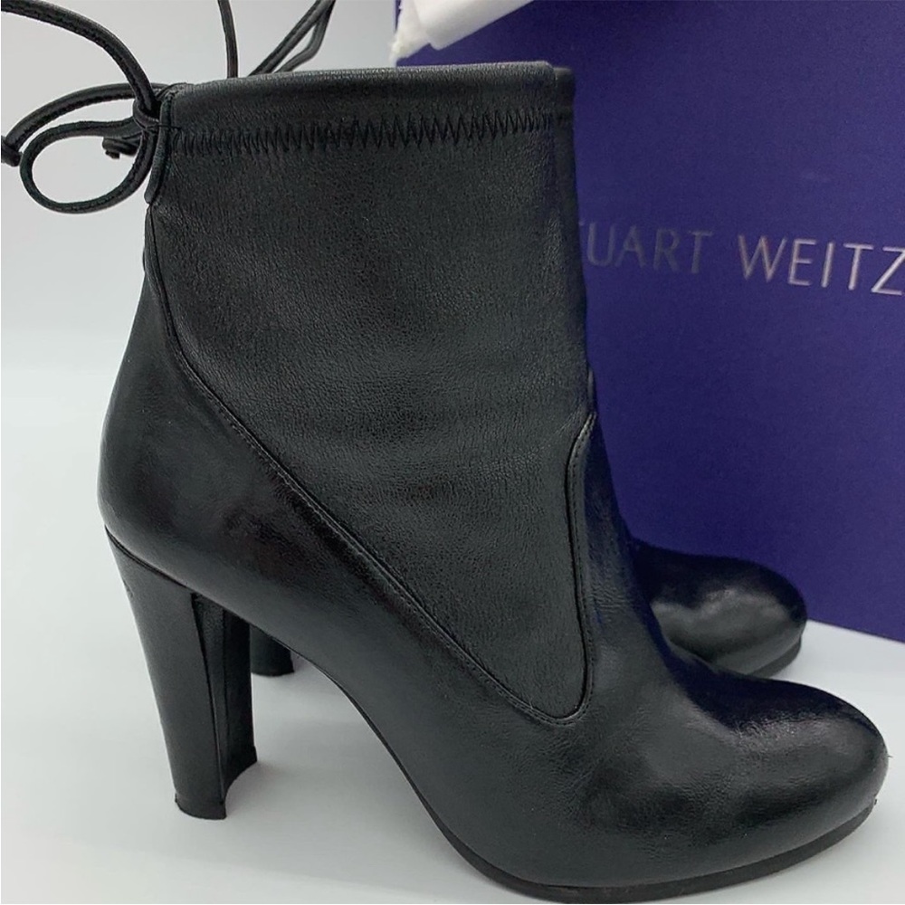 Stuart Weitzman Mittens black leather ankle bootie with tie back